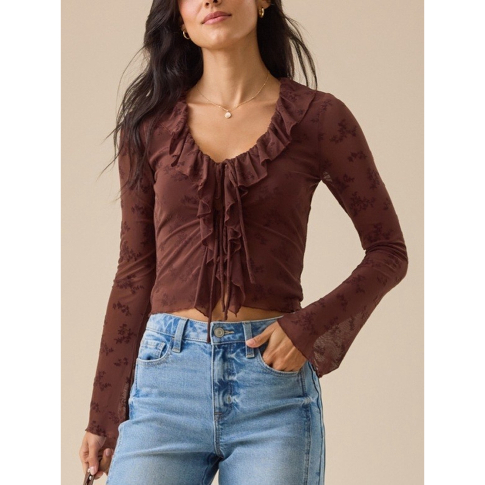 Altar'd State Womens Mesh Tie Front Forest Fairy Top Large Brown Floral Feminine